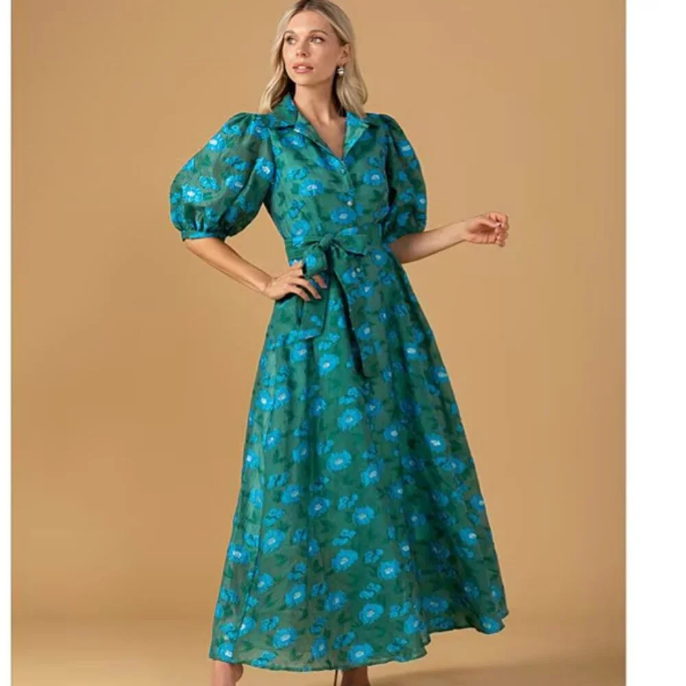 Green Floral Maxi Dress with Tie Waist - Picture 5 of 9